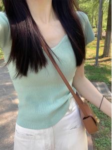 HUOLISI | French Collar Mint Green Slim Fit Short Crop Knit Top