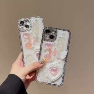 3D เคสศัพท์รูปหัวใจประดับมุกและขอบเพชรเคลือบไฟฟ้าสำหรับ iPhone 13 14 15 16 Pro Max เคสป้องกันการตกสำหรับ iPhone 16 Pro Max