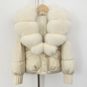 Áo Khoác Lông Cáo Ngắn Nữ Áo Khoác Lông Thật Tự Nhiên Áo Phao Lông Vũ Trắng Ấm Áp Áo Khoác Ngoài Mùa Đông Phong Cách Công Sở Cổ Áo Lật.