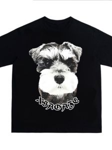 New Arrival Schnauzer Print American Retro Sports Pure Cotton T-shirt Mens and Womens Same Style Fashion Brand High Street Short-Sleeved Bottoming Shirt T
