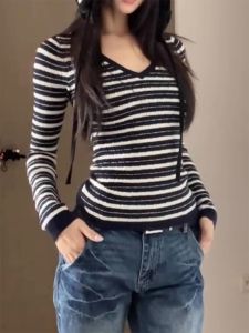 HUOLISI | Vintage Stripes Twisted V-Neck Knit Sweater