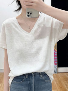 White V-Neck Short Sleeve Slimming Summer T-Shirt