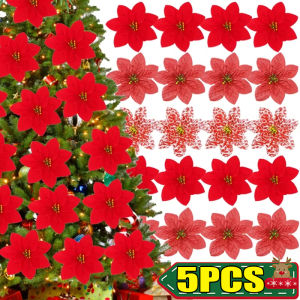 New 5PCS Glitter Artifical Christmas Flowers Xmas Tree Fake Flower Ornaments DIY Garland Decors Wedding Party New Year Decoration