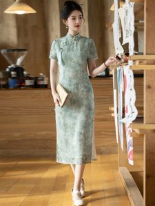 Elegant Green Long Qipao Dress Young Style 2025 Breathable Comfortable Short Sleeve Floral Print Casual High-Quality Womens Fashion