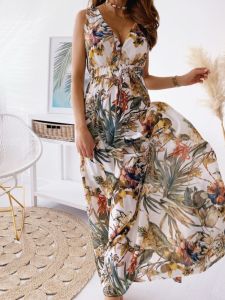 Bohemian Style Beach Vacation Print Backless Long V-neck Waist-cinched Vest Dress Beach Dress A-line Skirt Summer Spring Autumn