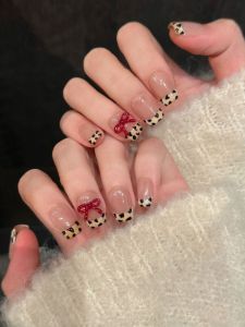 French Nude Leopard Print Butterfly Knot Cool Girl Short High-End Handmade Wearable Nail Tips Gentle Color Series from China