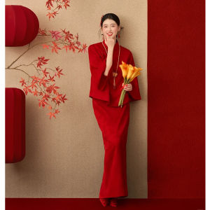 Elegant Red Wedding Qipao Skirt Set for Women High Waist A-Line Dress Bridal Morning Robe Engagement Ceremony Winter Outfit