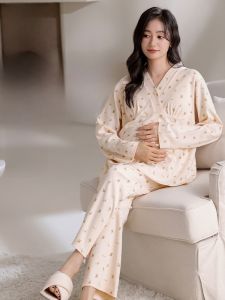 Miiow | Pure Cotton Maternity Sleepwear Womens Home Clothes Set Breathable Soft Skin-friendly With Chest Pad Moisture-wicking V-neck Long-sleeve