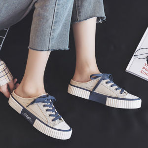 IELGY womens Korean style all-match heelless loafers half drag canvas shoes