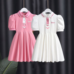 Girls Polo Dress Summer Cotton Polyester Blend Short Sleeve Turn-down Collar One-piece Skirt Korean Style Outdoor Wear