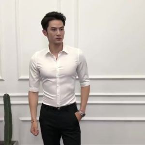 Cropped Short Sleeves Shirt Mens Korean-Style Trendy Slim Fit Handsome Summer Casual Long Sleeve Shirt 7 Divided into Half Sleeve Shirt  CNN