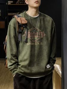 American Retro Crew Neck Sweater Coat Mens Spring and Autumn Suede Clothes plus Size Loose Trendy Long-Sleeve Top