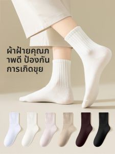 JINGCHI | ถุงเท้ากีฬาครึ่งแข้งสีขาวสำหรับผู้หญิงในฤดูใบไม้ผลิและฤดูใบไม้ร่วง ถุงเท้ากีฬาสีพื้น ถุงเท้าผ้าฝ้ายบาง ถุงเท้าสั้น