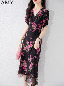 Summer 2025 French Style V-Neck Waist-Cinching Dress Slimming Tea Break Belted Goddess Look Mid-Length A-Line Skirt