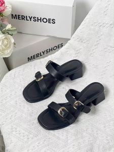 Guốc Nữ Hai Quai Ngang Khoá Thời Trang Đế Vuông 5cm Merly 1607 Trắng