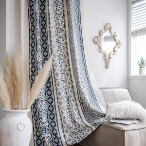 Cotton Linen Printed Blue and White Curtains for Partial Light Blocking