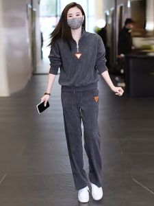 Fashionable Sporty Casual Set AXDX Slimming Wide Leg Pants Sweatshirt Two Piece Suit Cotton Long Sleeve for Women Spring