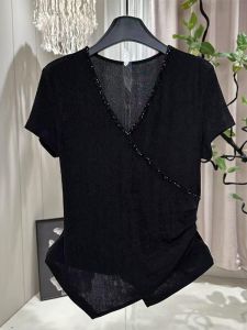 BINKAFENNY | Black Beaded V-Neck Short Sleeve T-Shirt Slimming
