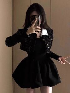 Fashionable Two-Piece Set Womens Spring Autumn Short Outerwear Square Dress Collar Slimming Flower Bud Skirt Sequin Set