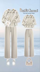 one set baju satu set cewek ( blouse Olla Motif Bordir + Celana Ivory + Tas Bahu Aesthetic AM174N