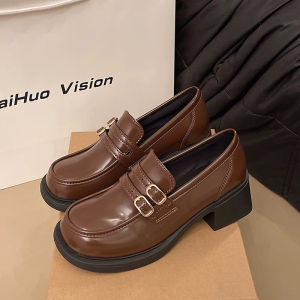 รองเท้าส้นสูงแบบสวมสำหรับผู้หญิง ทรงหัวมน พื้นยาง กันลื่น รองเท้าทำงาน สไตล์อังกฤษ ฤดูใบไม้ผลิและฤดูใบไม้ร่วง