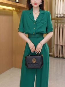 Slimming High Waist Wide Leg Pants Two Piece Set Womens Summer New Fashion Professional Short Sleeve Suit Collar Outfit