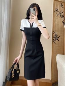 Elegant Short Black Dress Professional Suit Waist-Cinching Luxury Womens Fashion High-end French Splicing Workwear Skirt