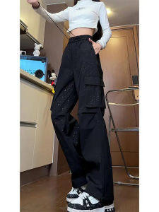 กางเกงทำงานผู้ชายสีดำ ทรงหลวม ทรงตรง ผ้าขนแกะหนา ป้องกันลม กันน้ำ สำหรับเดินป่ากลางแจ้ง กางเกงขายาวทรงหลวม