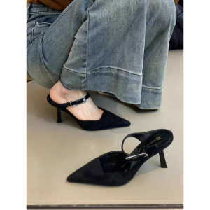 รองเท้าแตะส้นสูงแบบสวมหัวสไตล์ฝรั่งเศส ทรงหัวแหลม สายรัดข้างเดียว ทรงหัวแหลม รองเท้าแตะแบบสวมครึ่งนิ้วสำหรับผู้หญิงในฤดูใบไม้ผลิและฤดูร้อน