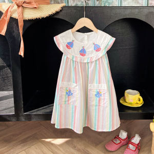 Princess Style Embroidered Cotton Dress for Girls Summer 2024 Short Sleeve Doll Dress Fashionable Baby Girls Clothing