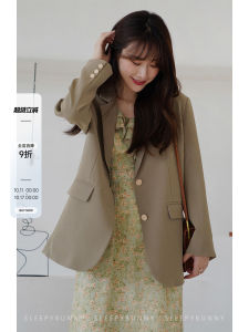 เสื้อสูทสีน้ำตาลหลวมๆ สไตล์ฮ่องกงสำหรับผู้หญิง ฤดูใบไม้ผลิและฤดูใบไม้ร่วง สไตล์ใหม่ ลำลอง เสื้อสูทคอปกแบบสวมหัว