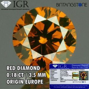 Vivid Orangish Red Diamond Eropa 0.18 Cts Clarity SI1 Dim 3.5 Mm Certified IGR Natural Berlian Merah Asli Original Sertifikat Memo Internasional