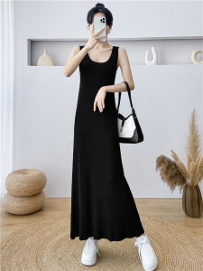 Ice Silk Knitted Sleeveless Vest Dress Womens Spring Summer Slimming Long Skirt Commute Korean Style Single Piece Summer Dress