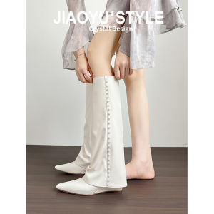 Leather~Jiaoyu Slim Leg Boot 2024 New Pointed Toe White Knight Boot Long Tube Boot Women Knee High Boot Casual High Top
