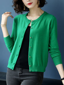 Ladies Green Knitted Short Coat Open Cardigan Top Autumn New Style High Waist Sweater Button Design Loose Fit round Neck Long Sleeve