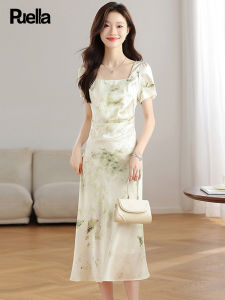 Puella French Style Square Collar Printed Dress Womens Summer Slim Fit Waist Cinched Pleated Bodycon Skirt Short Sleeve Midi Dress