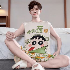 Mens Modal Ice Silk Summer Thin Sleepwear Set Cartoon Print Short Sleeveless round Neck Short Pants Comfortable Breathable