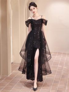 Elegant Black One-Shoulder Summer Evening Gown Womens Luxury High-End Ball Dress A-Line Skirt Polyester Short Sleeve Long Dress