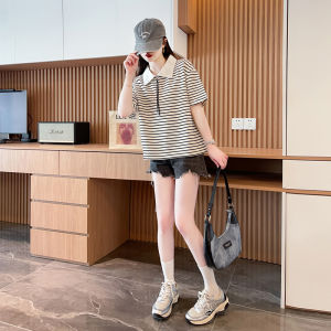 Casual Loose Womens Polo Neck Striped T-Shirt Half Zipper Short Sleeve Summer Fashion Top Polyester Material Creative Pattern