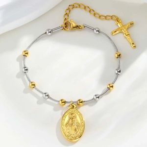 Vnox Virgin Mary Bar Jesus Cross Bracelet Stainless steel Adjustable Beaded Chain Catholic Jewelry Gift for Women