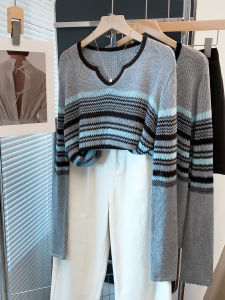 JIANDIYA | V-Neck Striped Knit Sweater Casual Loose Fashion Top