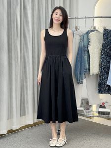 Mayya plus French Style Slimming Vest Dress High Waist U-Neck Long Black Dress for Women Commute Korean Style A-Line Skirt