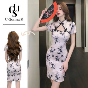 Ăn Mặc sườn xám cách tân Phụ Nữ Hiện Đại Phụ Nữ ngắn tay gợi cảm Trên Đầu Gối Với Xẻ Bên Hông Hoa cổ áo Trung Quốc eo cao Thời Trang Thanh Lịch Bodycon 2024 tiệc tối Buổi Tối Giản Dị