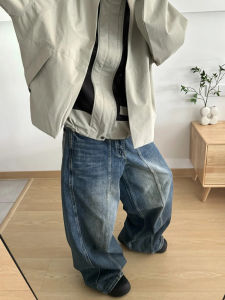 กางเกงยีนส์ขากว้างทรงหลวมสไตล์อเมริกันย้อนยุคสำหรับผู้ชาย กางเกงขายาวทรงตรง ทรงหลวม สไตล์ฤดูใบไม้ร่วง ทรงหลวม กางเกงยีนส์