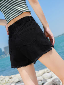 High Waist Black Denim Shorts Womens Summer New Style Hole Wide Leg A-Line Trendy Pants Hot Ins Cotton Stretch Denim Fabric