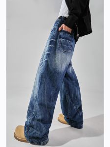 Mens Knife Blade Lightning Pattern Jeans mid Waist Straight Leg Floor Length American Style Casual Loose Fit Polyester Fiber