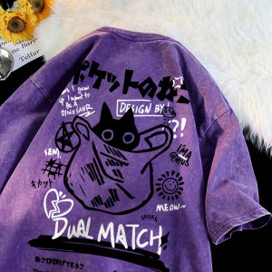 Áo Thun Nữ Vintage Mùa Hè Phong Cách Harajuku In Hình Mèo Hoạt Hình Dễ Thương Tay Ngắn Chất Cotton Rộng Rãi Áo Cặp Đôi Thời Trang Đường Phố Cổ Tròn