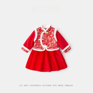 Three-Layer Cotton Baby Girls New Year Dress Winter Clothes Childrens Skirt Small Kids Winter Clothes Chinese Style Childrens Cheongsam