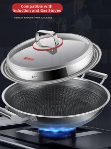 316 Stainless Steel Double Ear Non-Stick Wok 42cm Flat Bottom for Gas Stove And Induction Cooker Universal Use Commercial Grade