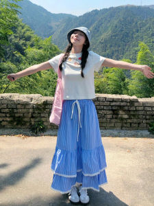 กระโปรงทรงเอเอวกลางสไตล์ใหม่ฤดูร้อนสำหรับผู้หญิง กระโปรงยาวปานกลางลายทางบุหรี่ เอฟเฟกต์กระชับสัดส่วน กระโปรงจีบ กระโปรงทรงเค้ก